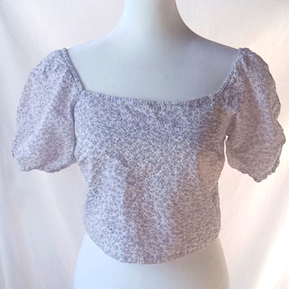 Sophie Rue Floral Lace-up Puffed Sleeves Lavender White Size S Off the Shoulder